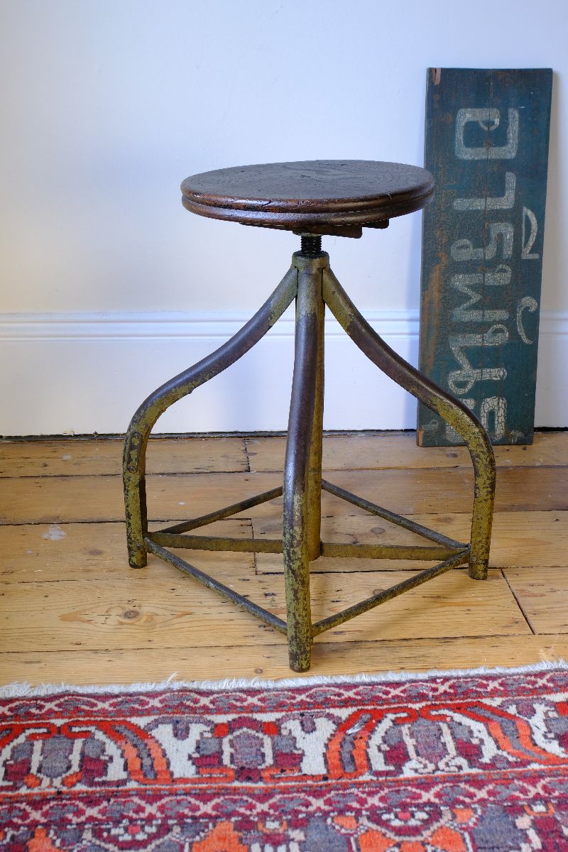 Industrial Swivel Stool Circa 1950 | Vintage Elm & Steel Workshop Stool