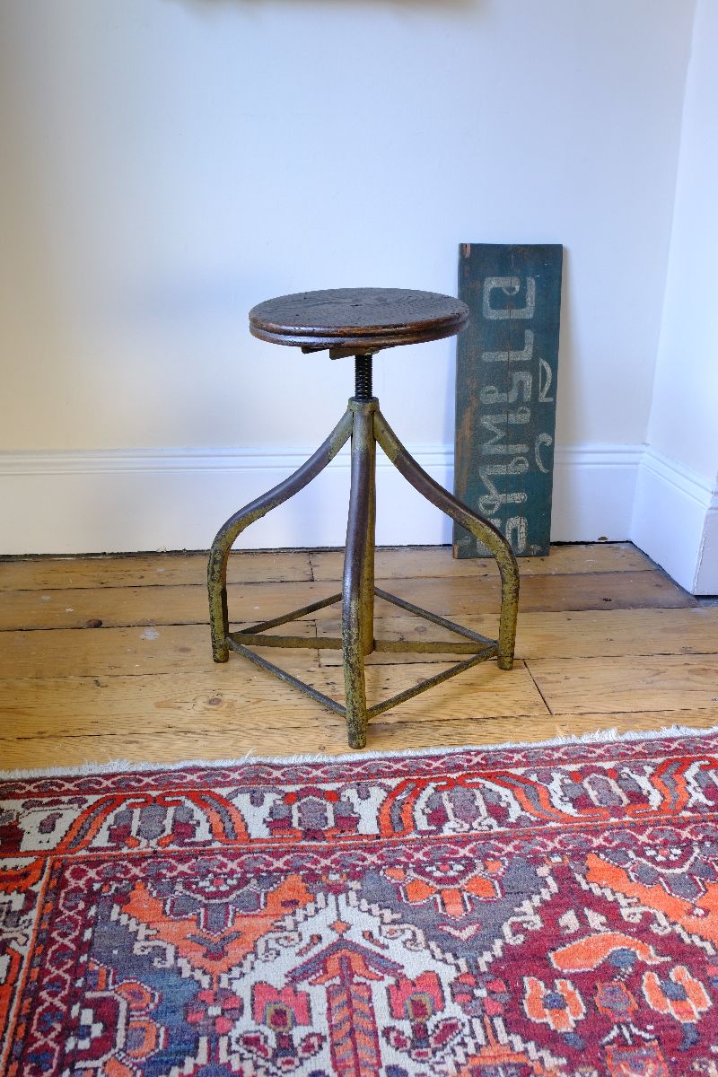 Slightly raised - Industrial Swivel Stool Circa 1950 | Vintage Elm & Steel Workshop Stool