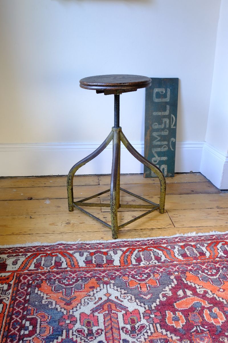 More raised - Industrial Swivel Stool Circa 1950 | Vintage Elm & Steel Workshop Stool