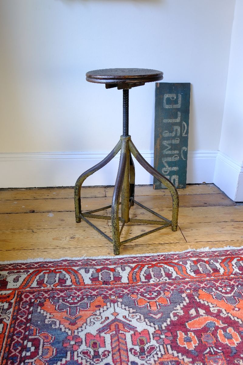 Adjustable Industrial Swivel Stool Circa 1950 | Vintage Elm & Steel Workshop Stool