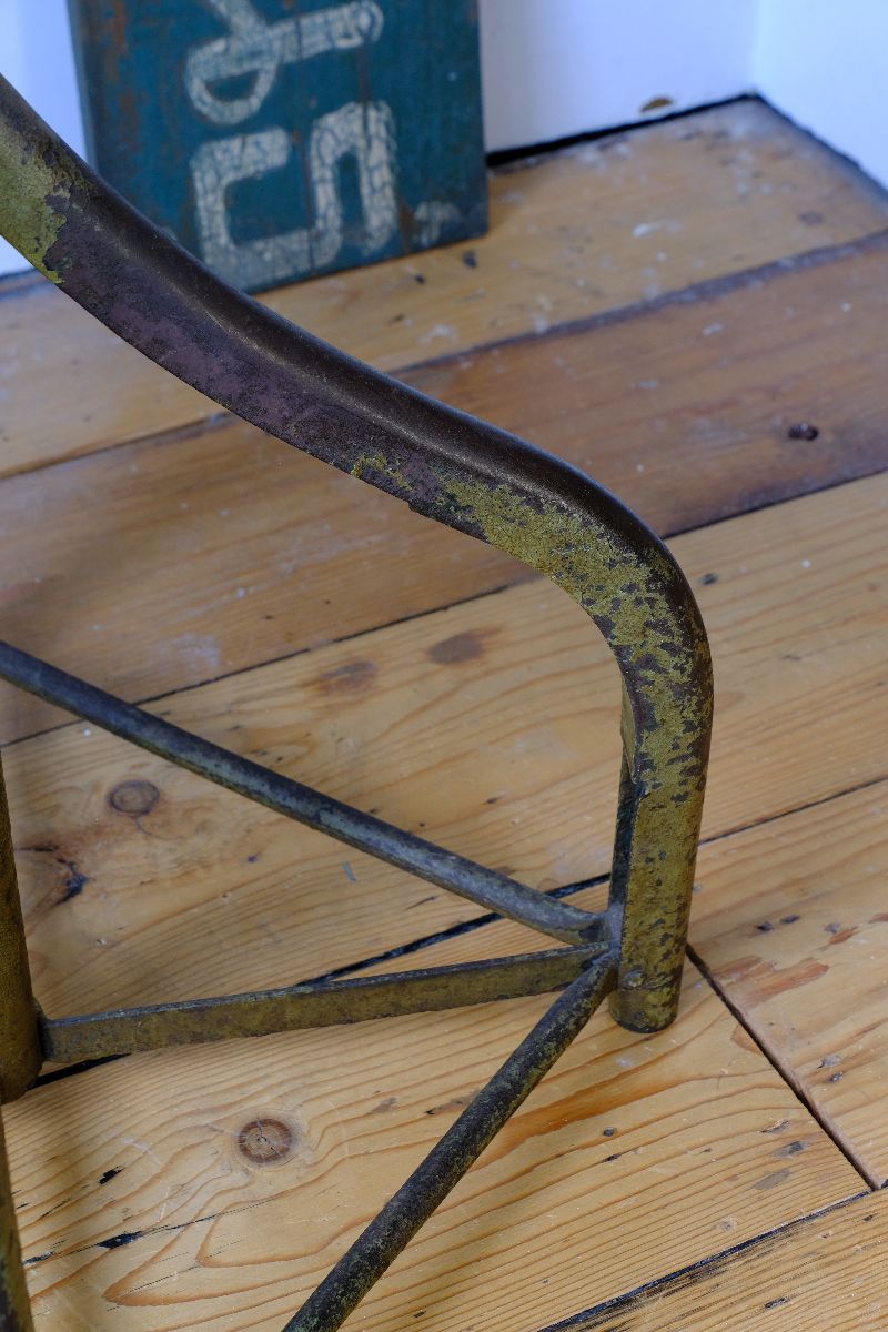 close up aged paint on a Industrial Swivel Stool Circa 1950 | Vintage Elm & Steel Workshop Stool