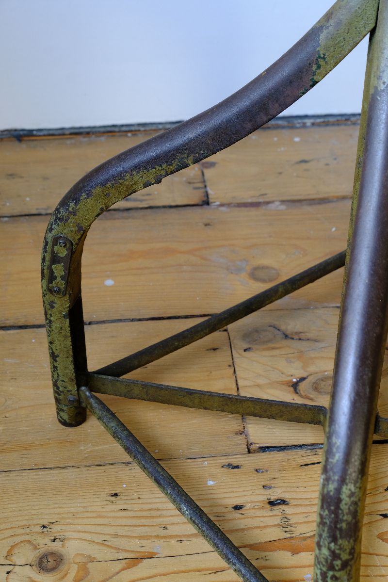 another close up aged paint on a Industrial Swivel Stool Circa 1950 | Vintage Elm & Steel Workshop Stool