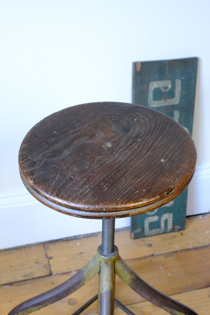 Top of stool seat on an Industrial Swivel Stool Circa 1950 | Vintage Elm & Steel Workshop Stool