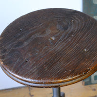 close up of the elm seat on a Industrial Swivel Stool Circa 1950 | Vintage Elm & Steel Workshop Stool