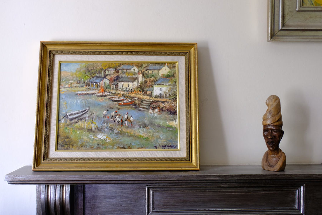 Life On The River original mid-century British oil painting on canvas by Ira Englefield depicting a riverside village landscape