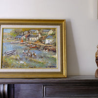 Life On The River original mid-century British oil painting on canvas by Ira Englefield depicting a riverside village landscape