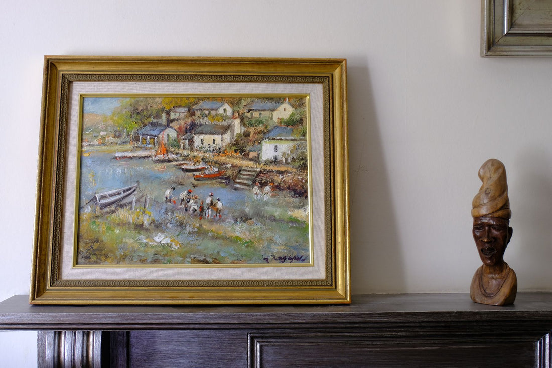 Life On The River original mid-century British oil painting on canvas by Ira Englefield depicting a riverside village landscape