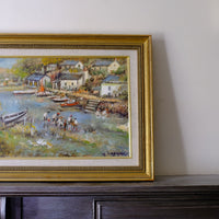 Life On The River original mid-century British oil painting on canvas by Ira Englefield depicting a riverside village landscape