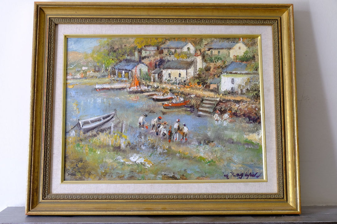 Life On The River original mid-century British oil painting on canvas by Ira Englefield depicting a riverside village landscape
