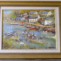 Life On The River original mid-century British oil painting on canvas by Ira Englefield depicting a riverside village landscape