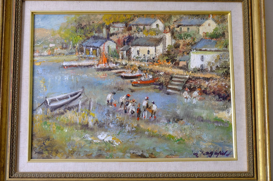 Life On The River original mid-century British oil painting on canvas by Ira Englefield depicting a riverside village landscape