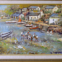 Life On The River original mid-century British oil painting on canvas by Ira Englefield depicting a riverside village landscape