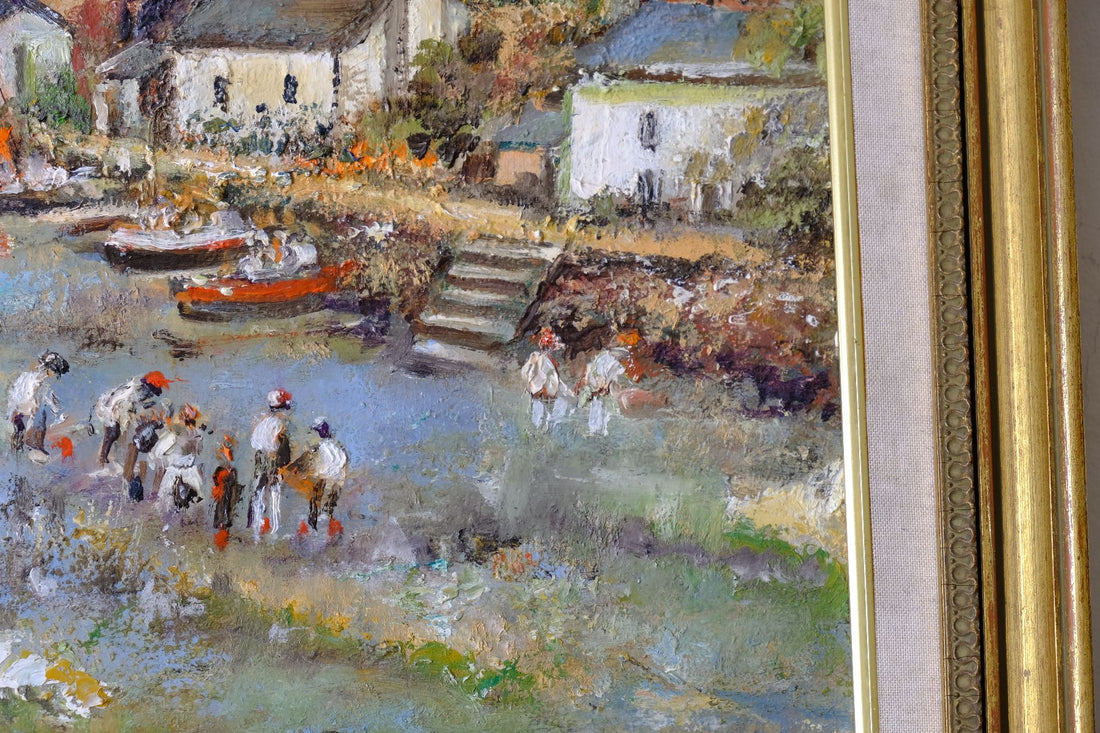 close up of a  Life On The River original mid-century British oil painting on canvas by Ira Englefield depicting a riverside village landscape