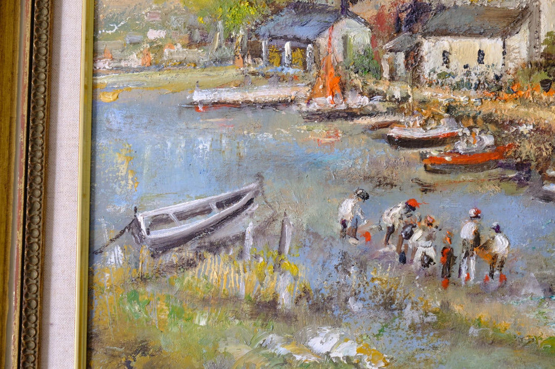 another close up of a  Life On The River original mid-century British oil painting on canvas by Ira Englefield depicting a riverside village landscape