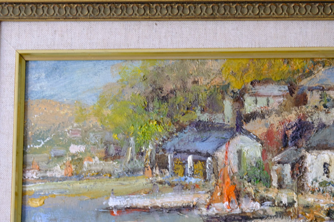 Impasto paint on an close up of a  Life On The River original mid-century British oil painting on canvas by Ira Englefield depicting a riverside village landscape 