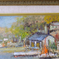 Impasto paint on an close up of a  Life On The River original mid-century British oil painting on canvas by Ira Englefield depicting a riverside village landscape 