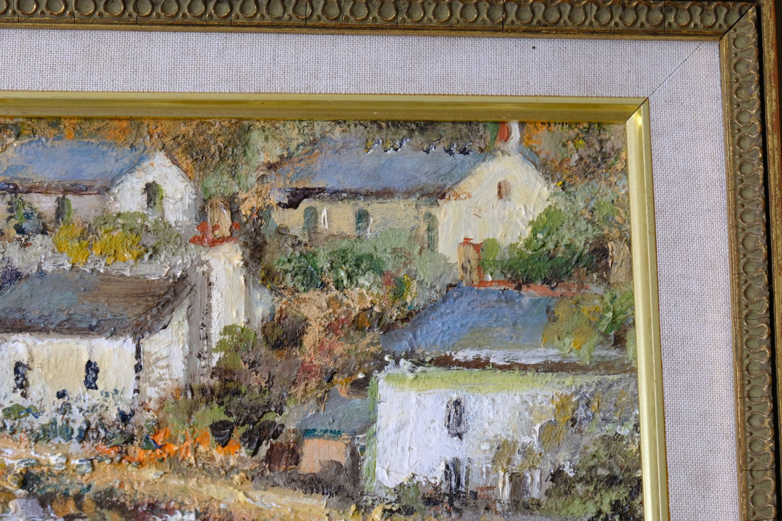 Impasto paint on an close up of a  Life On The River original mid-century British oil painting on canvas by Ira Englefield depicting a riverside village landscape 