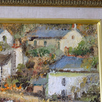 Impasto paint on an close up of a  Life On The River original mid-century British oil painting on canvas by Ira Englefield depicting a riverside village landscape 