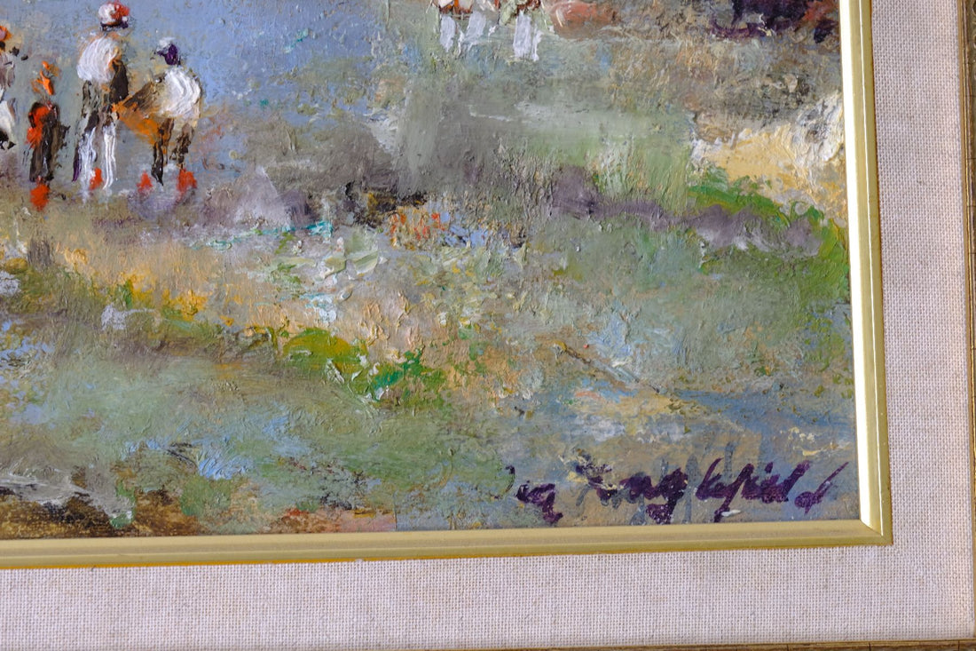 Close up signature of ra Englefield  Life On The River original mid-century British oil painting on canvas by Ira Englefield depicting a riverside village landscape 