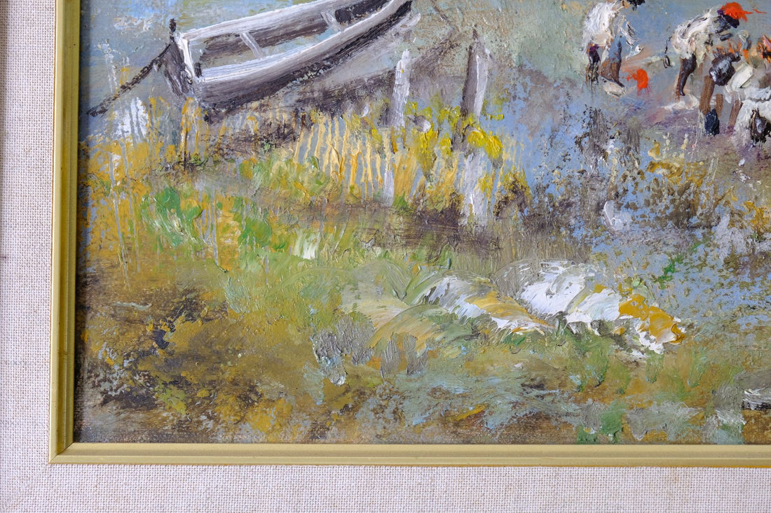 Life On The River original mid-century British oil painting on canvas by Ira Englefield depicting a riverside village landscape