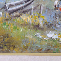 Life On The River original mid-century British oil painting on canvas by Ira Englefield depicting a riverside village landscape