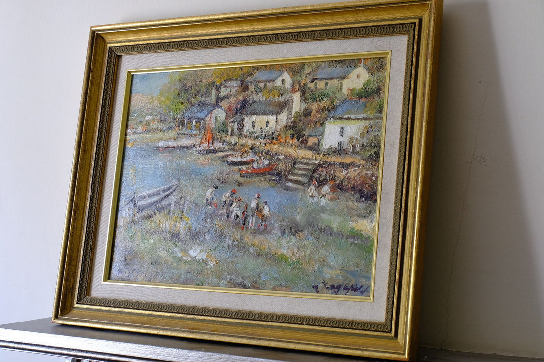 Angled shot - Life On The River original mid-century British oil painting on canvas by Ira Englefield depicting a riverside village landscape