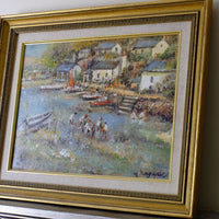 Angled shot - Life On The River original mid-century British oil painting on canvas by Ira Englefield depicting a riverside village landscape