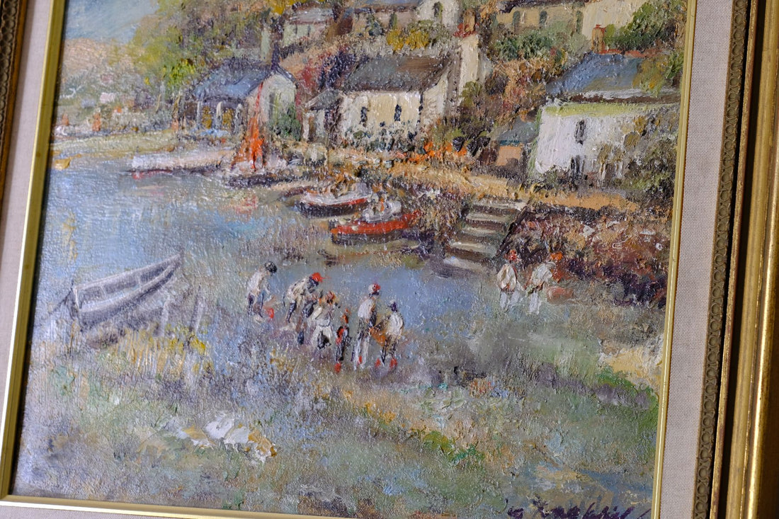 Life On The River original mid-century British oil painting on canvas by Ira Englefield depicting a riverside village landscape