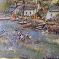 Life On The River original mid-century British oil painting on canvas by Ira Englefield depicting a riverside village landscape