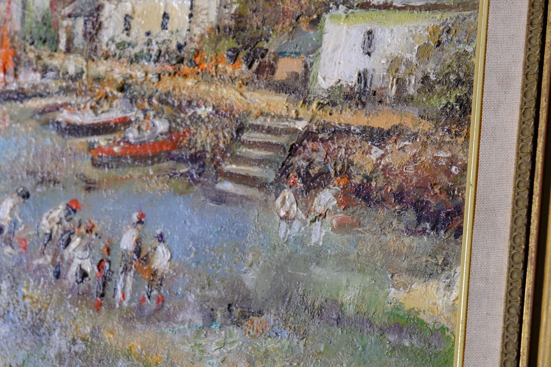 Life On The River original mid-century British oil painting on canvas by Ira Englefield depicting a riverside village landscape