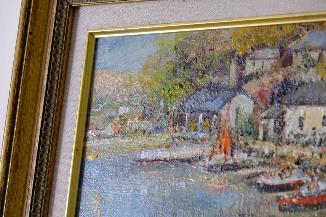 Life On The River original mid-century British oil painting on canvas by Ira Englefield depicting a riverside village landscape