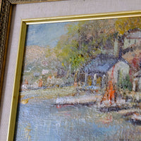 Life On The River original mid-century British oil painting on canvas by Ira Englefield depicting a riverside village landscape
