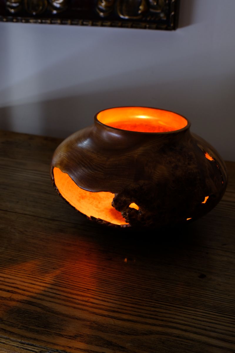 Illuminated inside - Signed Burr Elm Sculptural Vessel by Dr Tim Lawson (TDL), British Studio Woodturning in Burr Elm with Natural Organic Grain and Voids