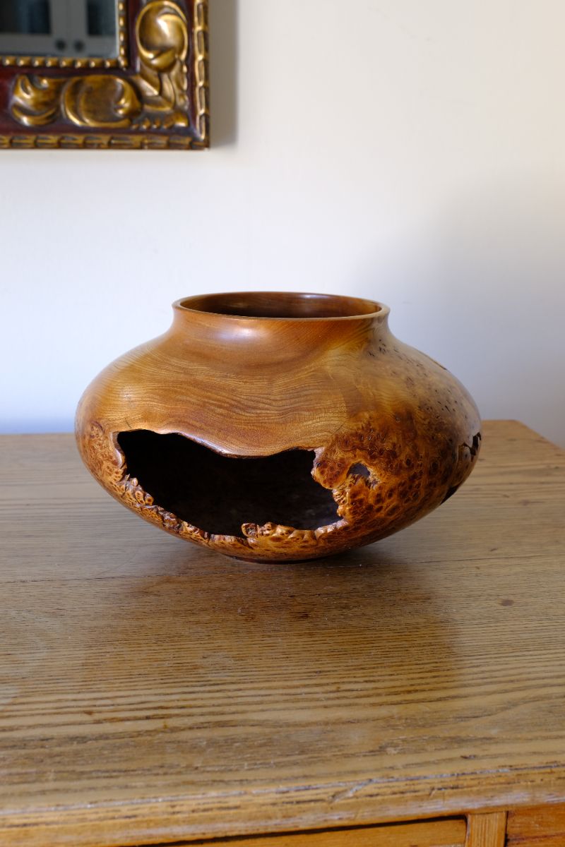 Signed Burr Elm Sculptural Vessel by Dr Tim Lawson (TDL), British Studio Woodturning in Burr Elm with Natural Organic Grain and Voids