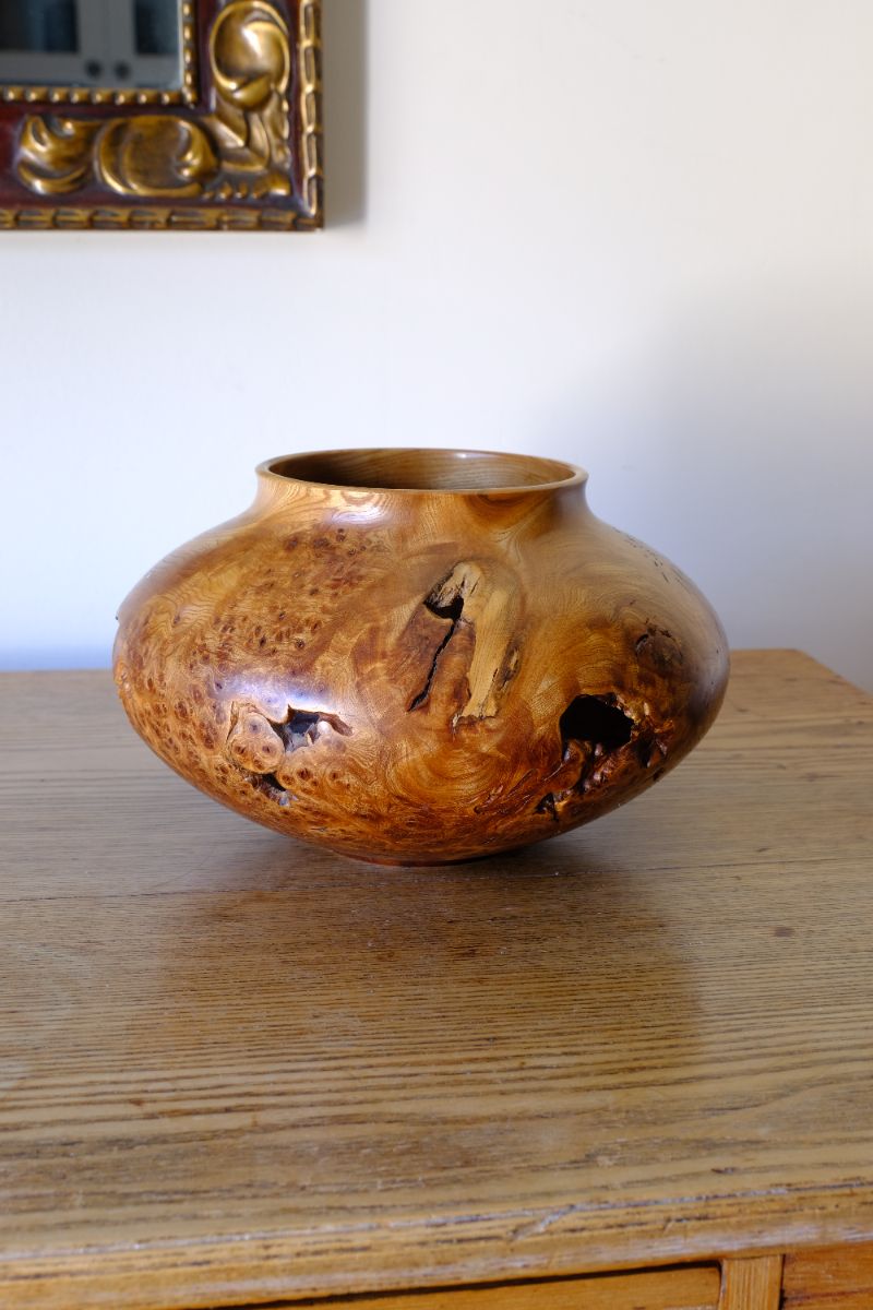 different views on the Signed Burr Elm Sculptural Vessel by Dr Tim Lawson (TDL), British Studio Woodturning in Burr Elm with Natural Organic Grain and Voids