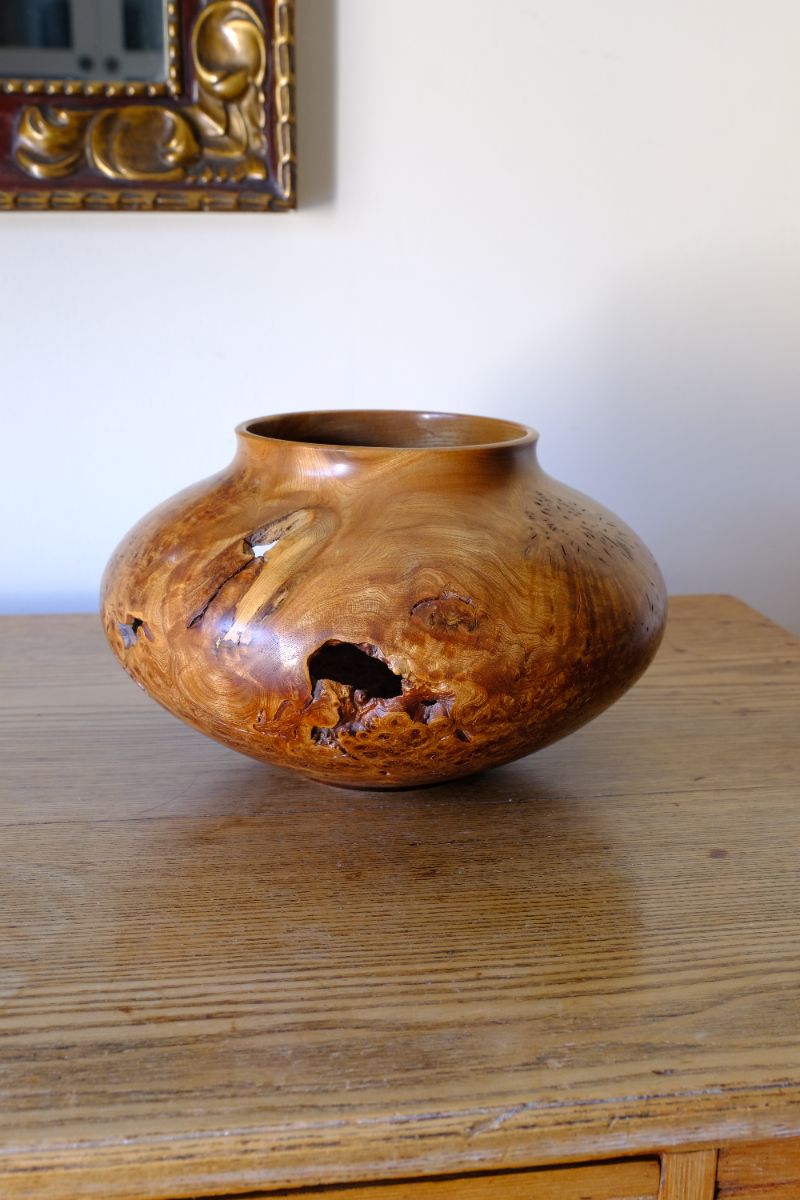 Signed Burr Elm Sculptural Vessel by Dr Tim Lawson (TDL), British Studio Woodturning in Burr Elm with Natural Organic Grain and Voids