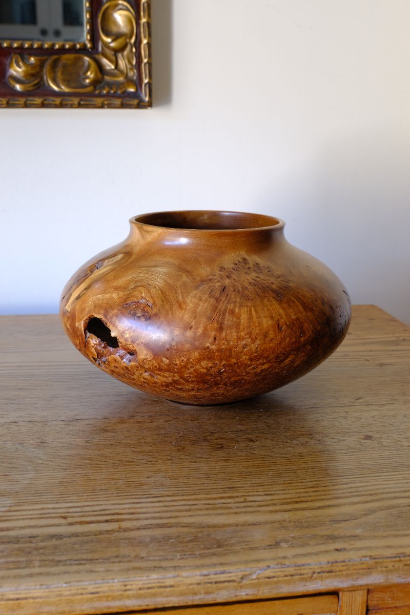Signed Burr Elm Sculptural Vessel by Dr Tim Lawson (TDL), British Studio Woodturning in Burr Elm with Natural Organic Grain and Voids