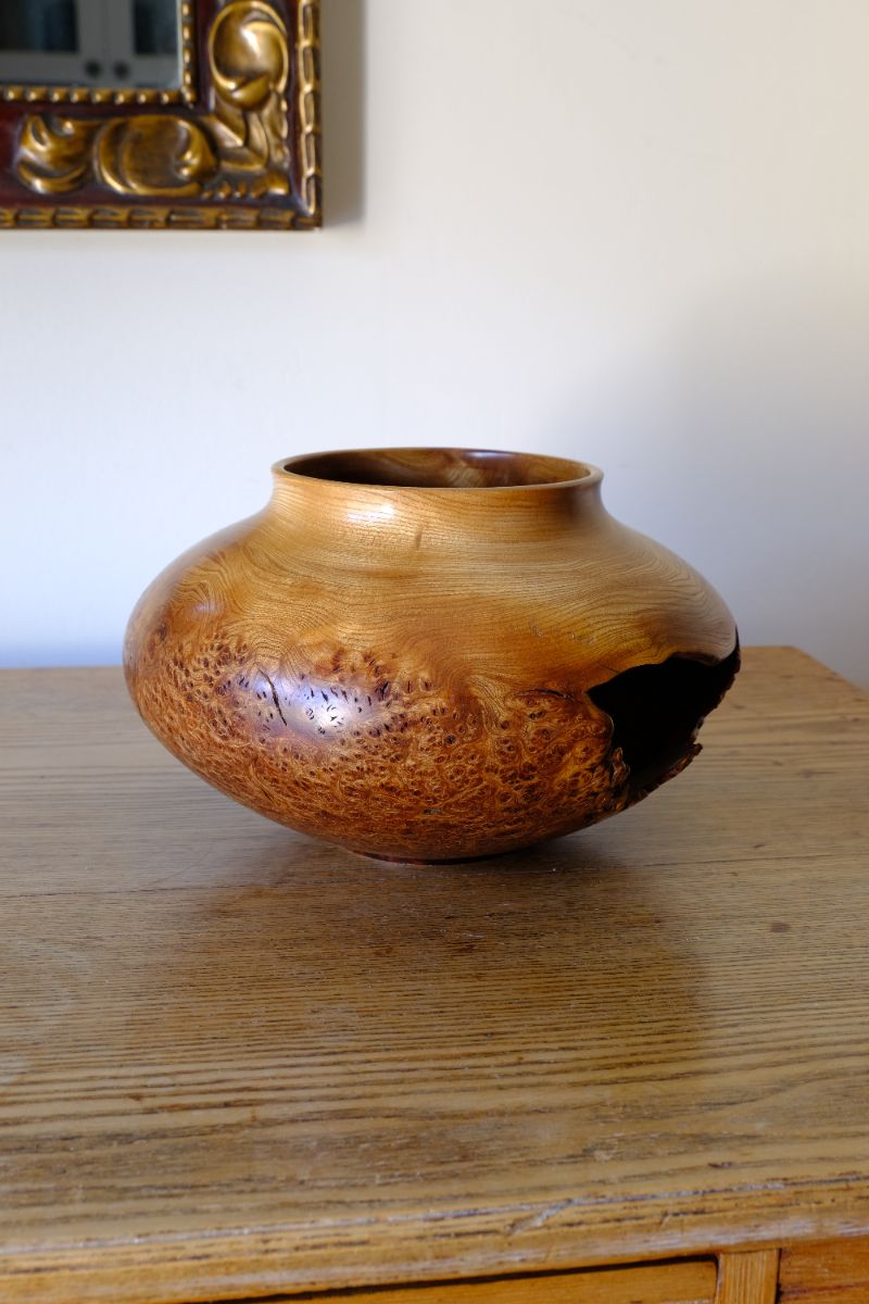 Signed Burr Elm Sculptural Vessel by Dr Tim Lawson (TDL), British Studio Woodturning in Burr Elm with Natural Organic Grain and Voids