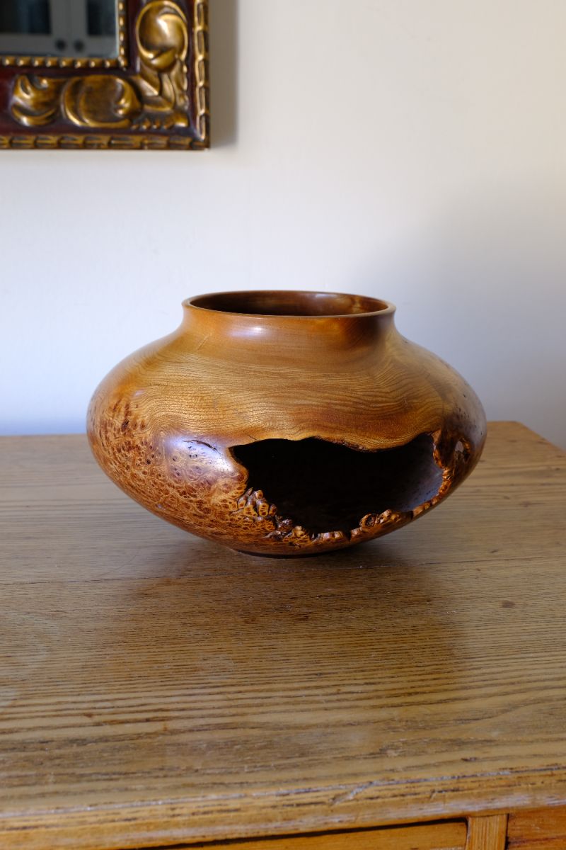 Signed Burr Elm Sculptural Vessel by Dr Tim Lawson (TDL), British Studio Woodturning in Burr Elm with Natural Organic Grain and Voids
