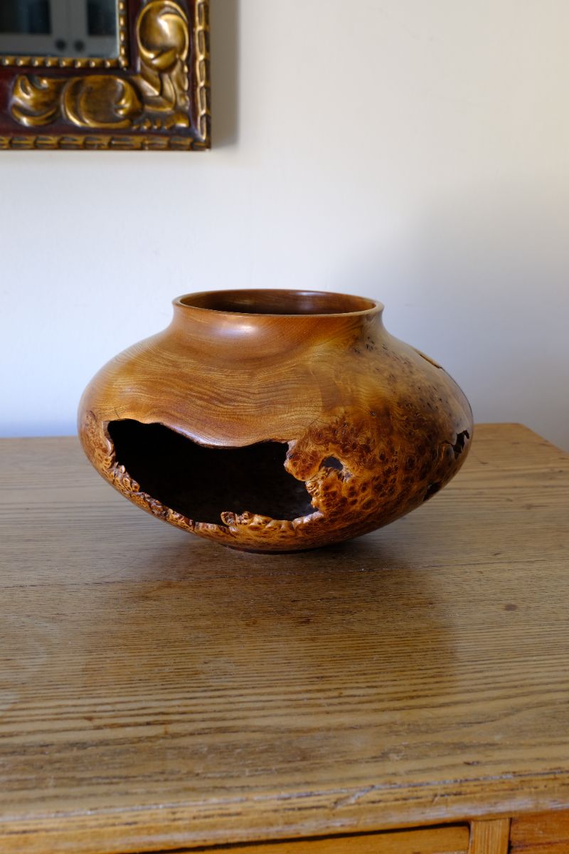Signed Burr Elm Sculptural Vessel by Dr Tim Lawson (TDL), British Studio Woodturning in Burr Elm with Natural Organic Grain and Voids