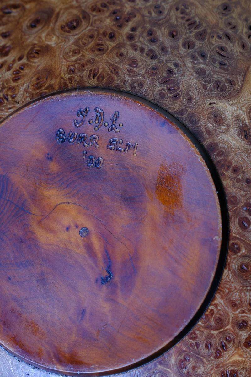 Stamped base of the Signed Burr Elm Sculptural Vessel by Dr Tim Lawson (TDL), British Studio Woodturning in Burr Elm with Natural Organic Grain and Voids