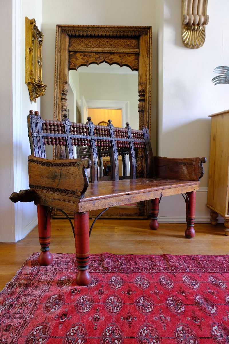 Late 19th Century Gujarati Hardwood Hall Bench with Original Polychrome Finish, Turned Gallery Back and Brass Rosette Mounts