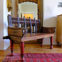 Late 19th Century Gujarati Hardwood Hall Bench with Original Polychrome Finish, Turned Gallery Back and Brass Rosette Mounts