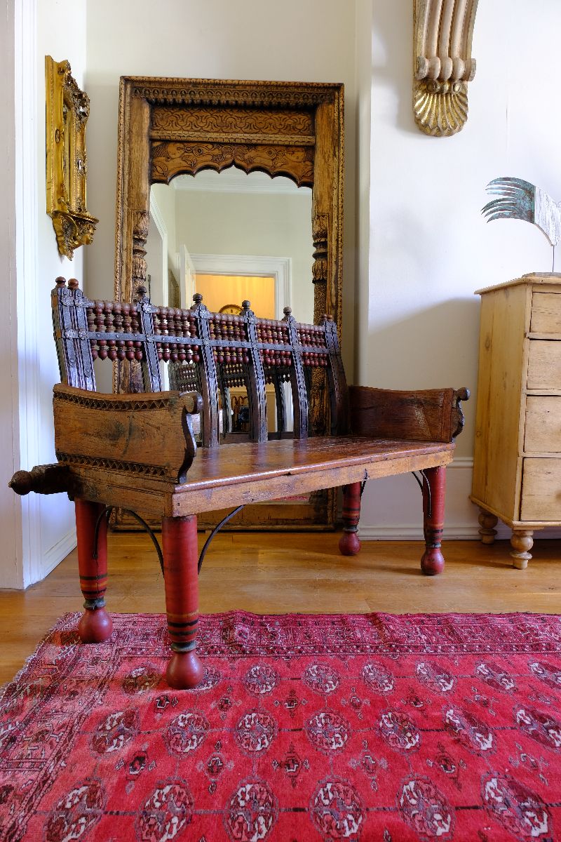 Late 19th Century Gujarati Hardwood Hall Bench with Original Polychrome Finish, Turned Gallery Back and Brass Rosette Mounts
