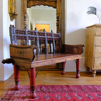 Late 19th Century Gujarati Hardwood Hall Bench with Original Polychrome Finish, Turned Gallery Back and Brass Rosette Mounts