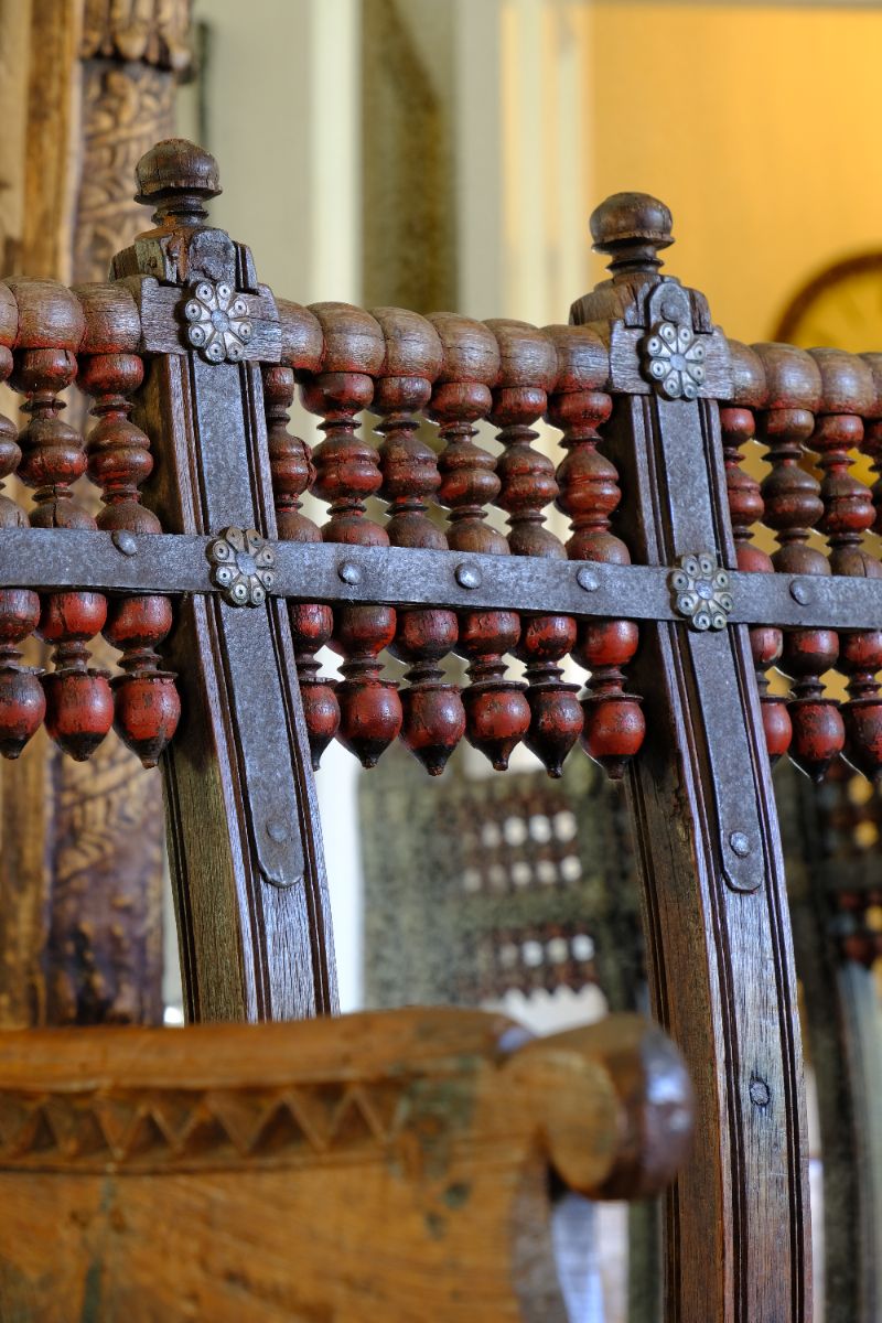 Turned Spindle Gallery on a Late 19th Century Gujarati Hardwood Hall Bench with Original Polychrome Finish, Turned Gallery Back and Brass Rosette Mounts