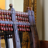 Turned Spindle Gallery on a Late 19th Century Gujarati Hardwood Hall Bench with Original Polychrome Finish, Turned Gallery Back and Brass Rosette Mounts