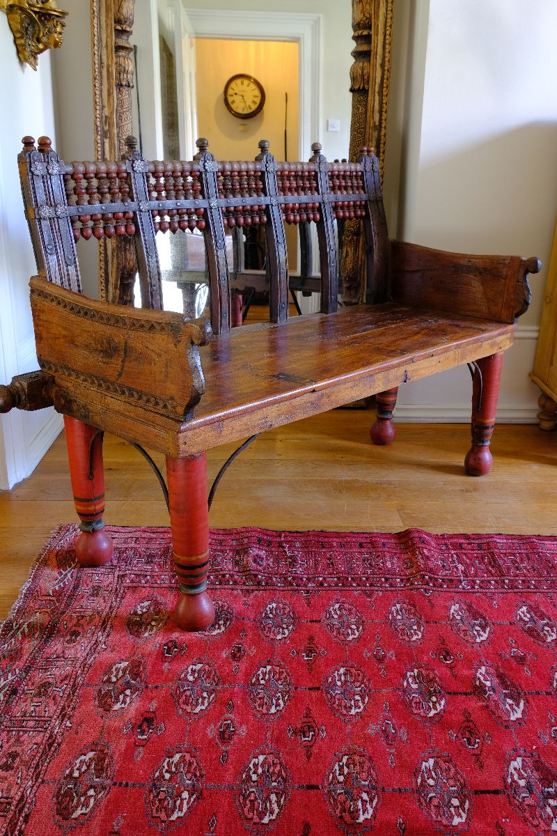 Late 19th Century Gujarati Hardwood Hall Bench with Original Polychrome Finish, Turned Gallery Back and Brass Rosette Mounts