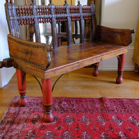 Late 19th Century Gujarati Hardwood Hall Bench with Original Polychrome Finish, Turned Gallery Back and Brass Rosette Mounts