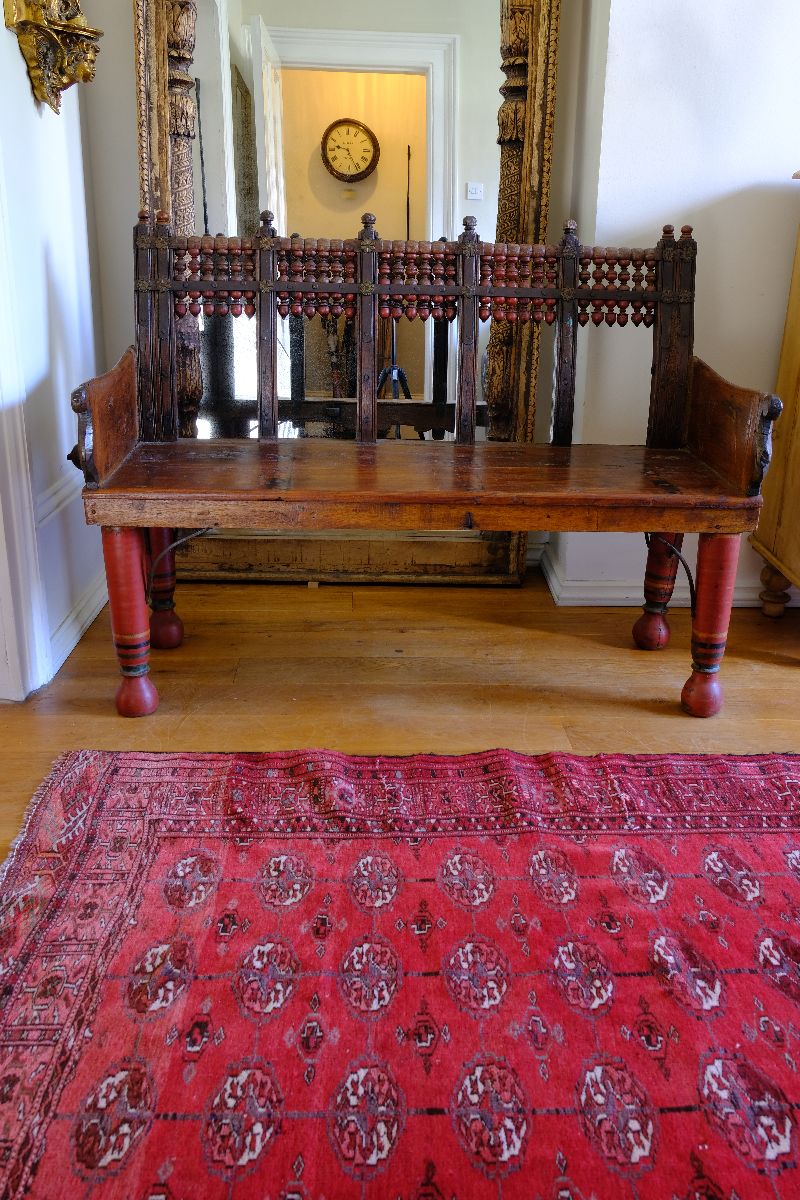 Late 19th Century Gujarati Hardwood Hall Bench with Original Polychrome Finish, Turned Gallery Back and Brass Rosette Mounts